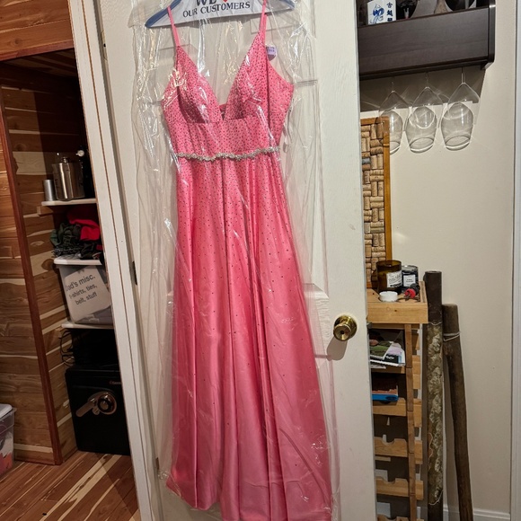 Prom Gown - Pink Full Length Lace-up back with Crystal bling worn once - Picture 1 of 13